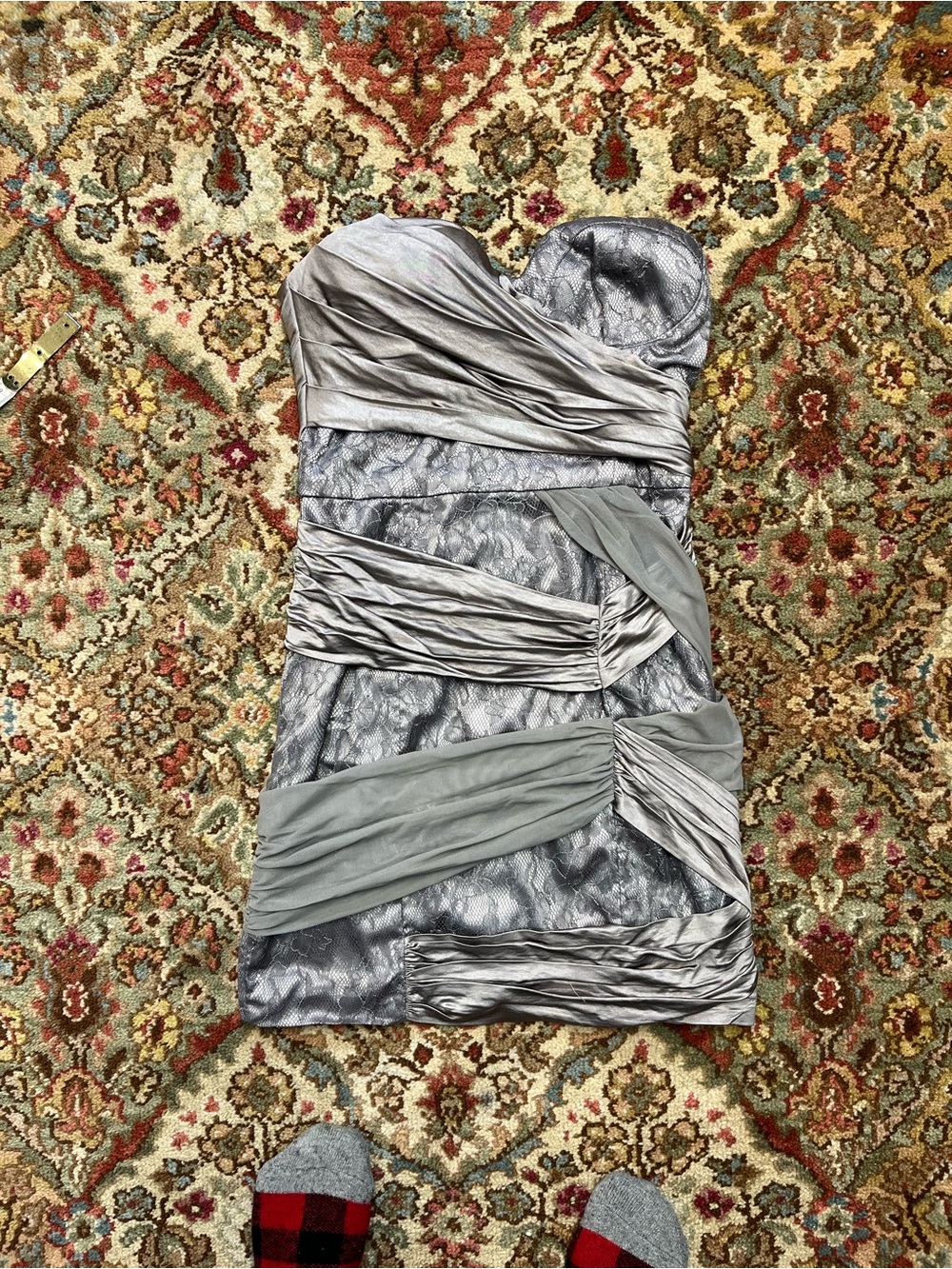 bebe Silver and Light Gray Strapless Ruched Cocktail Dress